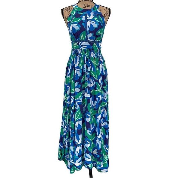 Abel The Label Halter Maxi Dress Sleeveless Open Back Blue Green Floral Small - Picture 1 of 8